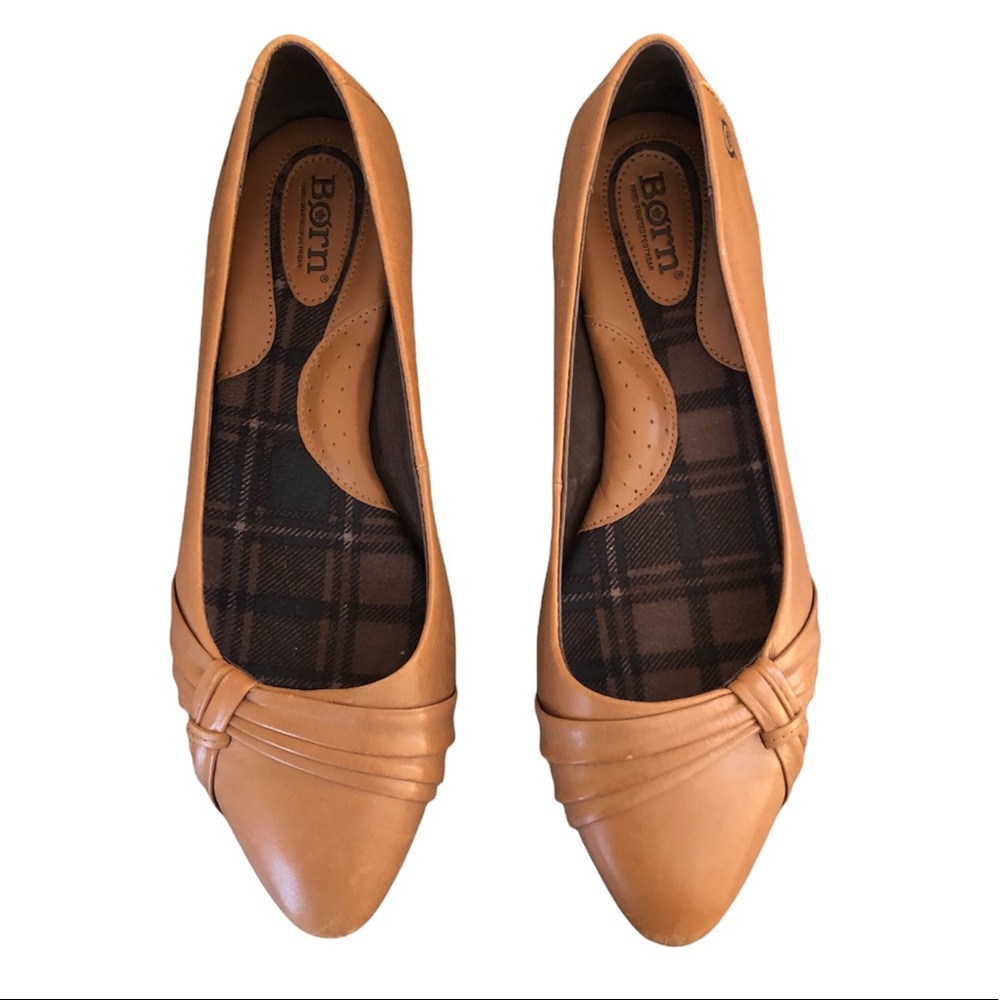 Born Pointed Toe Folded Leather Tan Ballet Flats - Women’s Size 9.5